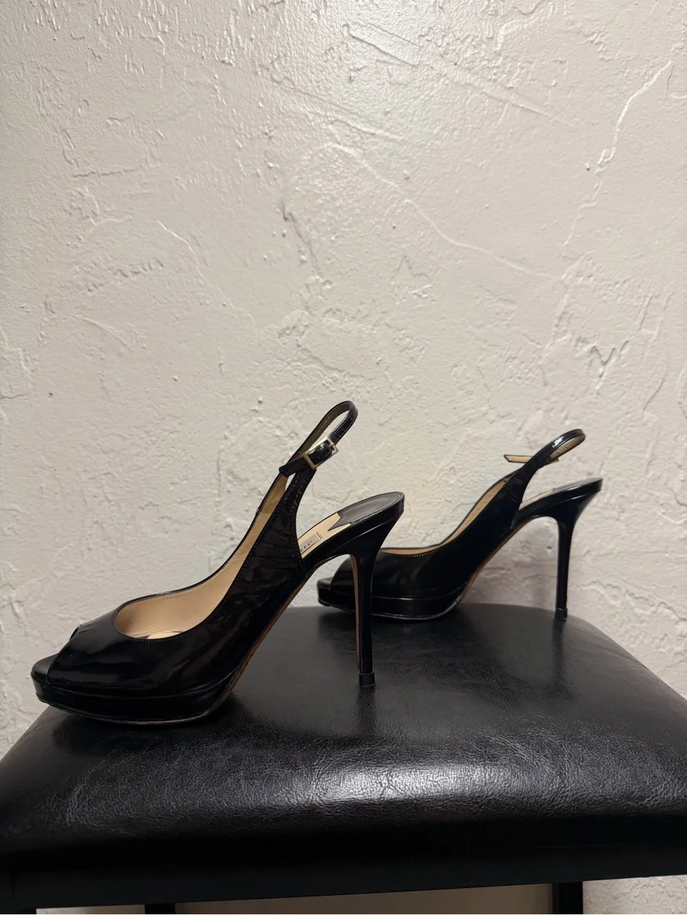 Jimmy Choo Black Patent Leather Peep-Toe Slingback Heels